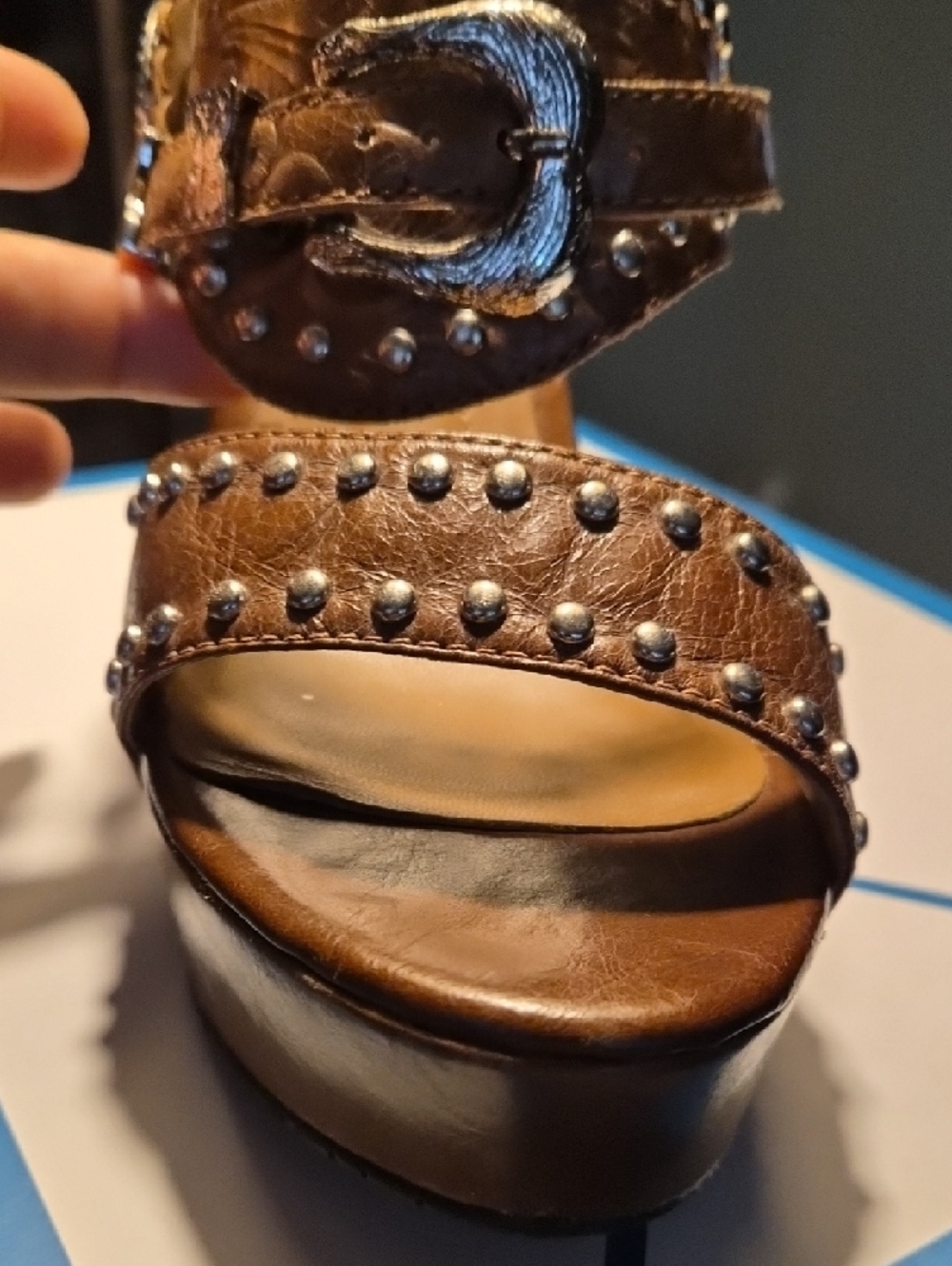 Brown Studded Platform Sandal with Decorative Concho - Picture 3 of 9